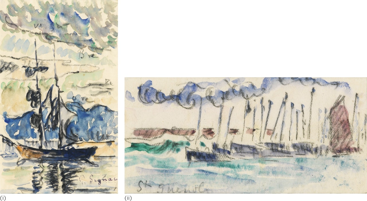 DEUX DESSINS : (I) SAINT-TROPEZ, GOÉLETTE À QUAI (II) SAINT-GUÉNOLÉ by Paul Signac