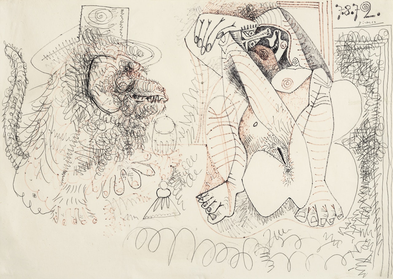 NU ASSIS ET SINGE AU CHAPEAU by Pablo Picasso