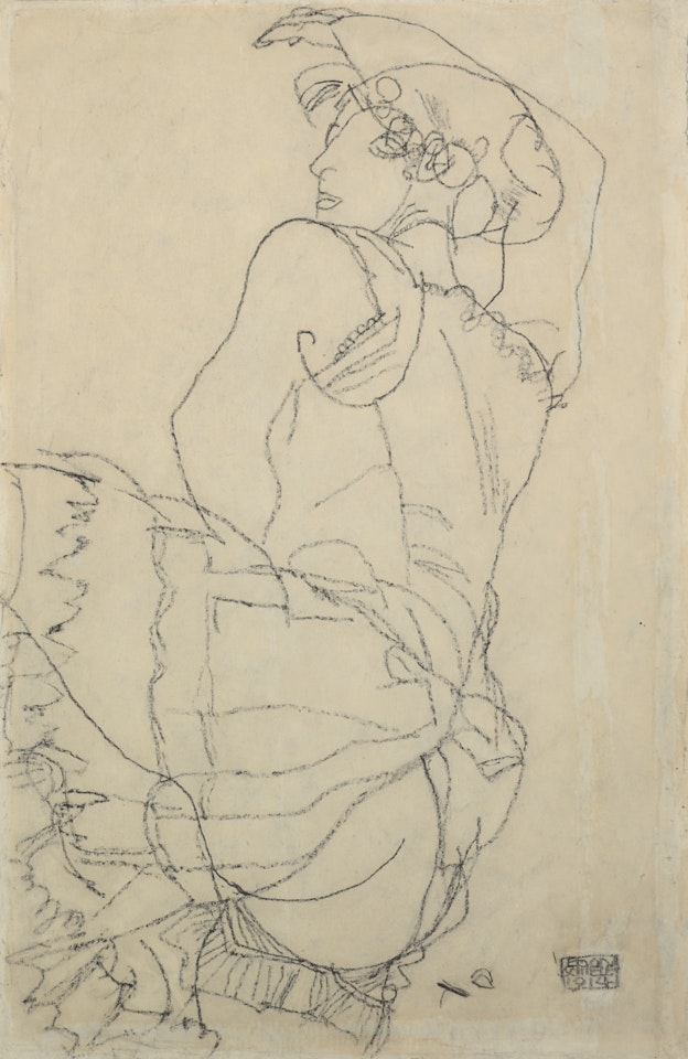 FRAU IN UNTERWÄSCHE MIT ERHOBENEM RECHTEN ARM (WOMAN IN UNDERCLOTHES WITH RAISED RIGHT ARM) - RECTO KAUERNDE NACKTE FRAU (CROUCHING NUDE) - VERSO by Egon Schiele