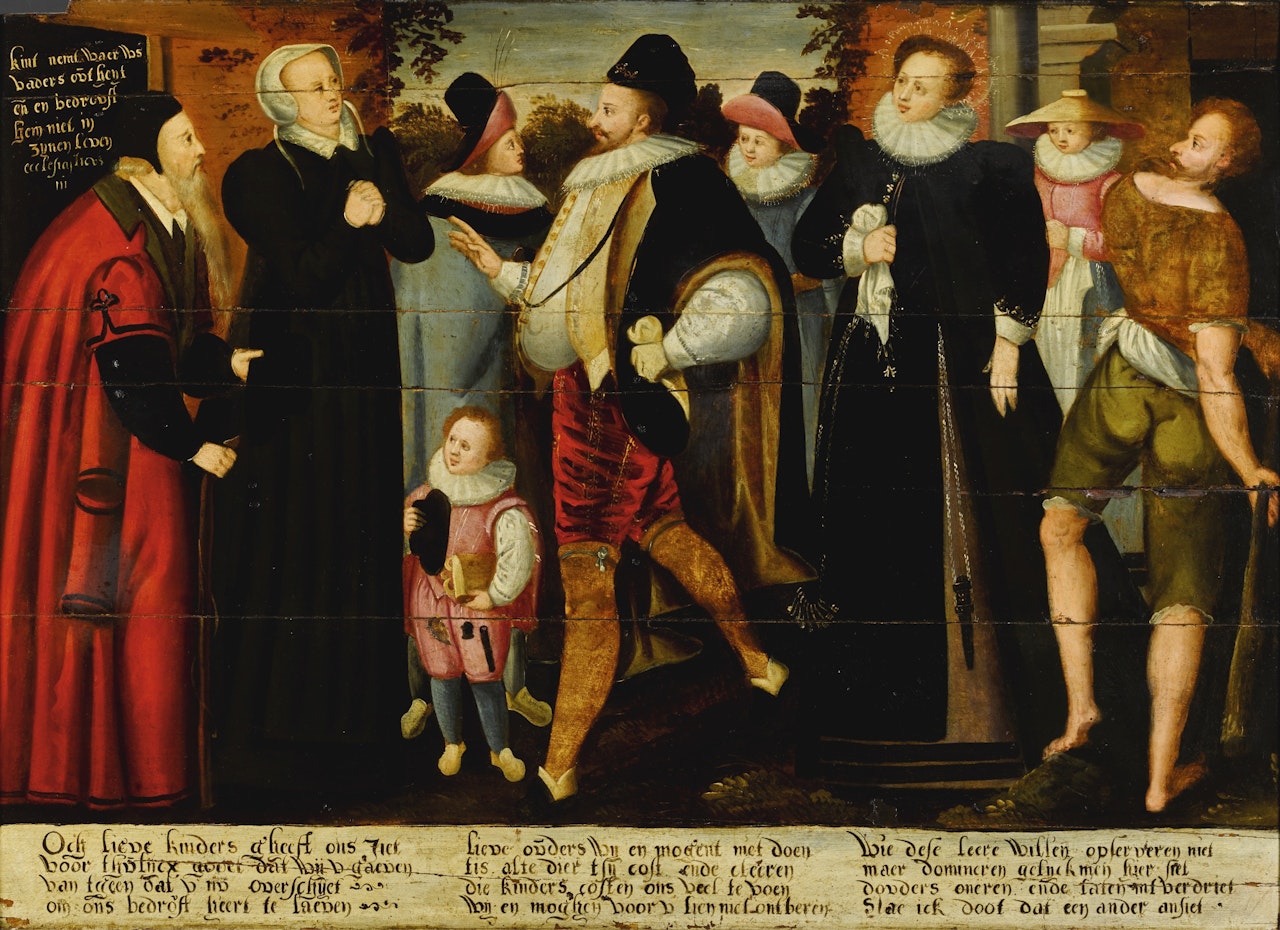 ELEGANTLY-DRESSED FIGURES CONVERSING IN FRONT OF BUILDINGS IN A LANDSCAPE by Flemish School