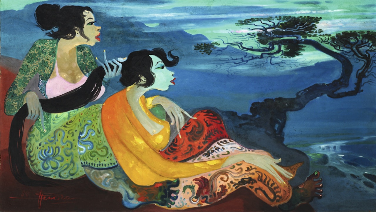 TWO WOMEN OVERLOOKING A RIVER  by Hendra Gunawan