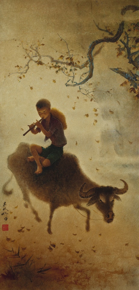 BOY PLAYING A FLUTE ON A BUFFALO by Lee Man Fong
