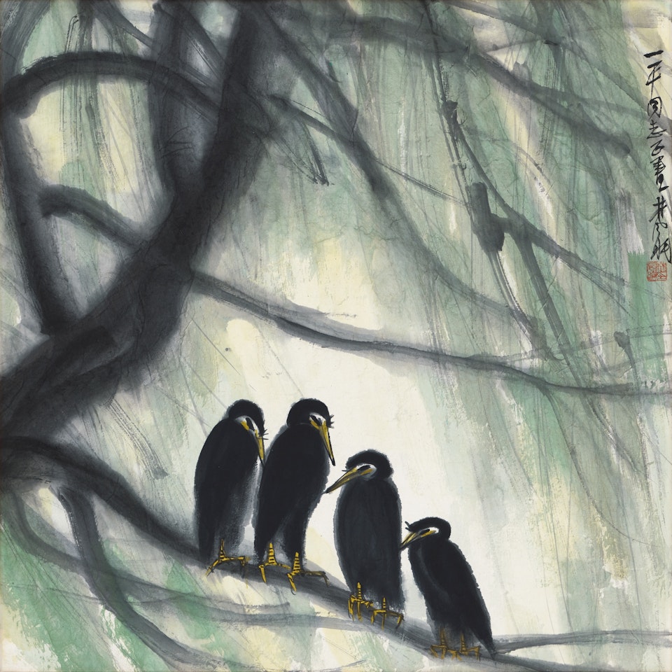 FOUR MAGPIES ON THE BRANCH by Lin Fengmian