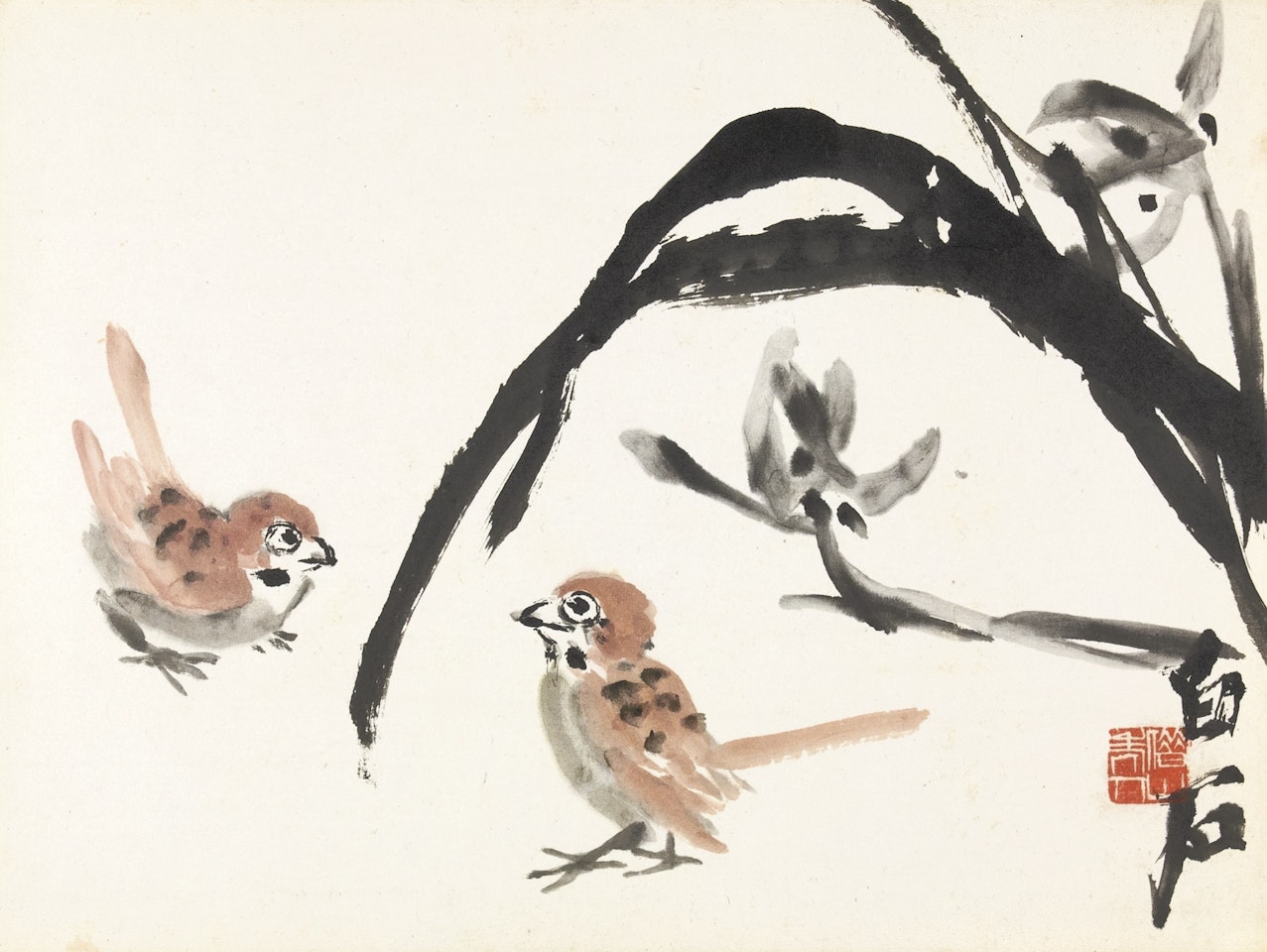 SPARROWS BY THE ORCHID by Qi Baishi