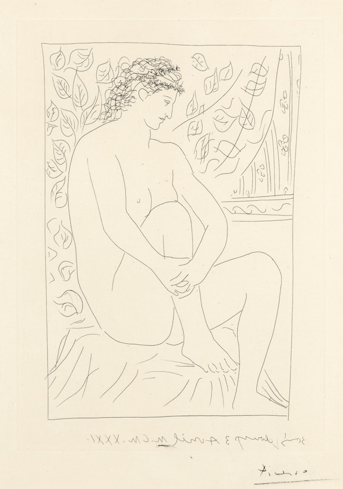 FEMME NUE ASSISE DEVANT UN RIDEAU (B. 137; BA. 202) by Pablo Picasso