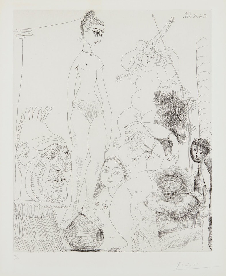 Autoportrait transposé et dédoublé rêvant au cirque, avec Jacqueline en acrobate à la boule (Self-Portrait Transposed and Split Dreaming in the Circus, with Jacqueline as Acrobat on the Ball), plate 9, from 347 Series by Pablo Picasso