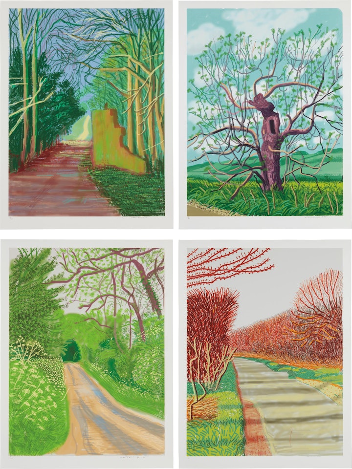 March 19; March 21; May 16; and May 18, from The Arrival of Spring in Woldgate, East Yorkshire in 2011 (twenty eleven) by David Hockney