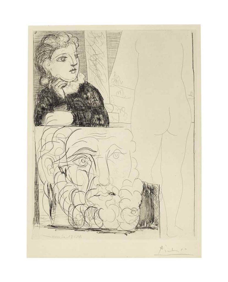 Femme accoudée, sculpture de dos et tête barbue, from La Suite Vollard by Pablo Picasso