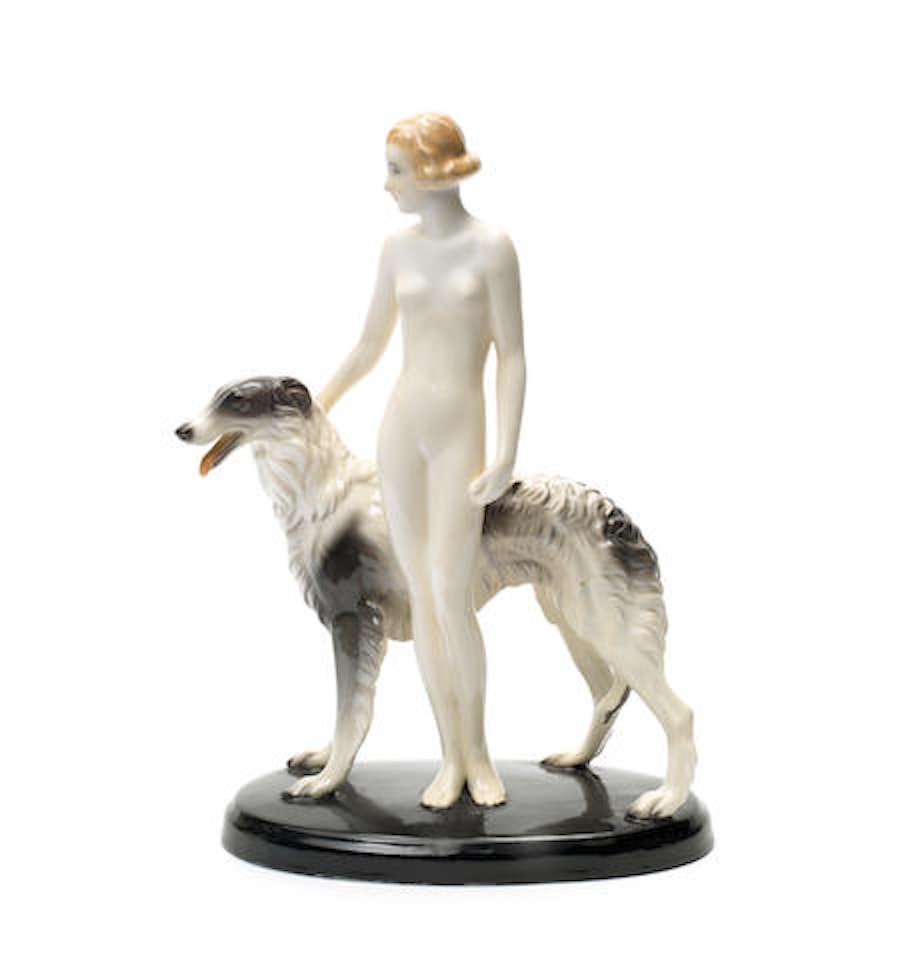 Figure of a nude woman and a borzoi  by Josef Lorenzl