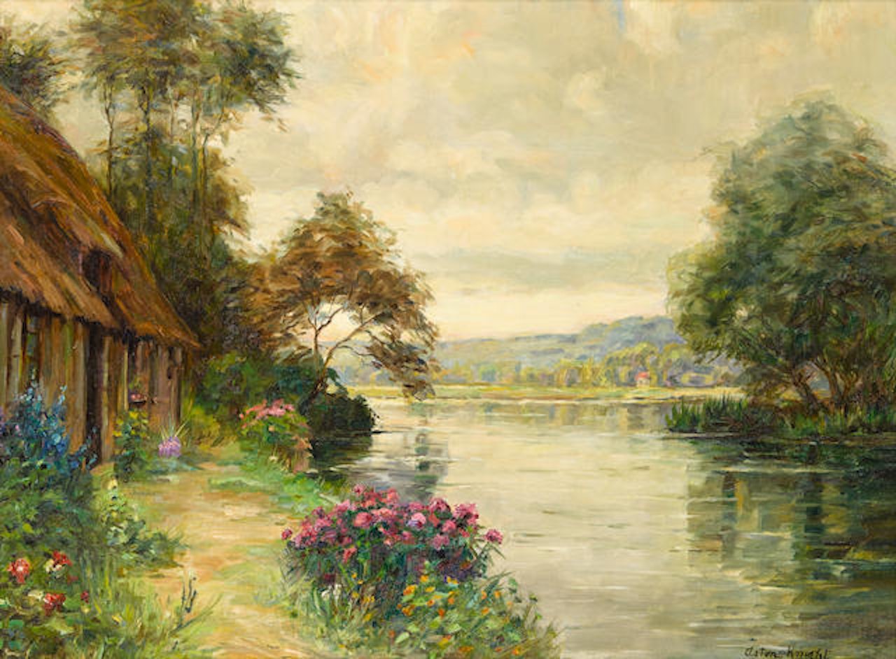 A cottage by a river by Louis Aston Knight