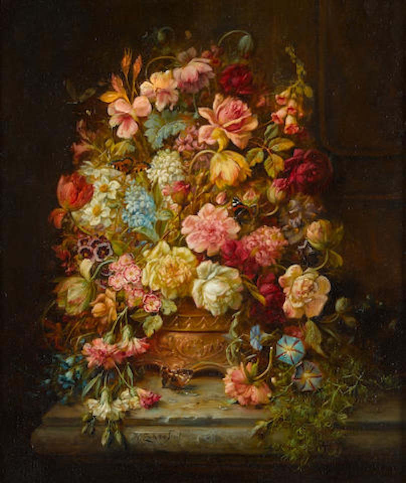 A still life with flowers in a jardiniere resting on a ledge by Hans Zatzka