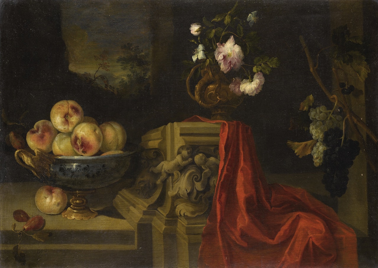 STILL LIFE WITH A BOWL OF PEACHES, A VASE OF FLOWERS AND GRAPES, ALL AROUND A DRAPED, SCULPTED PLINTH IN A LANDSCAPE by Italian School