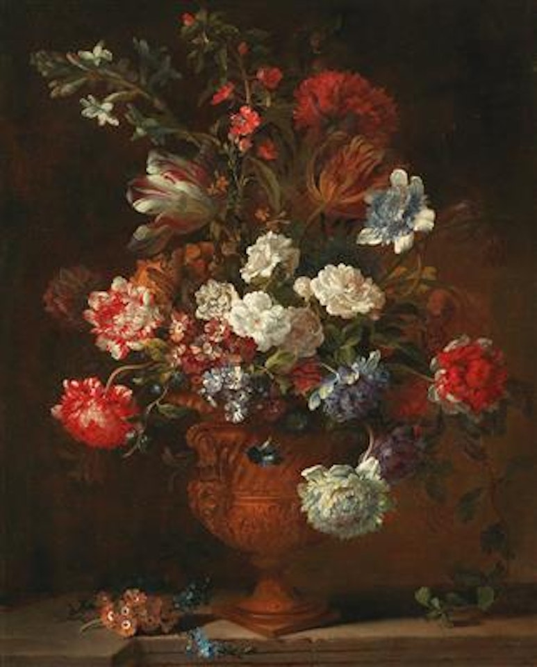 A still life with chrysanthemums, parrot tulips and peonies in an urn-shaped vase by Jean Baptiste Monnoyer