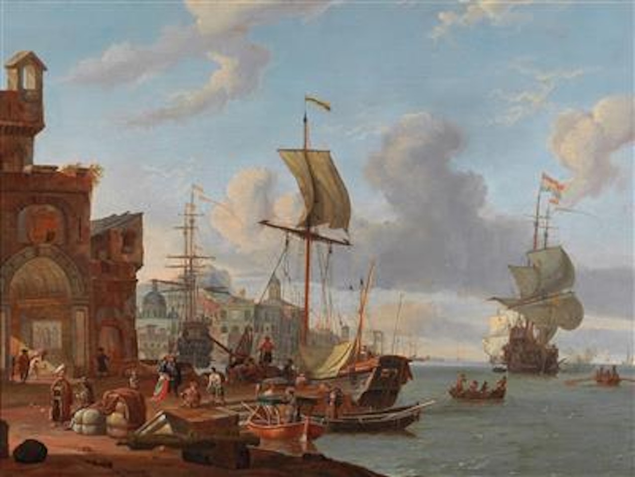 A mediterranean seaport with a man-of-war and other ships off the coast with numerous figures by Abraham Storck