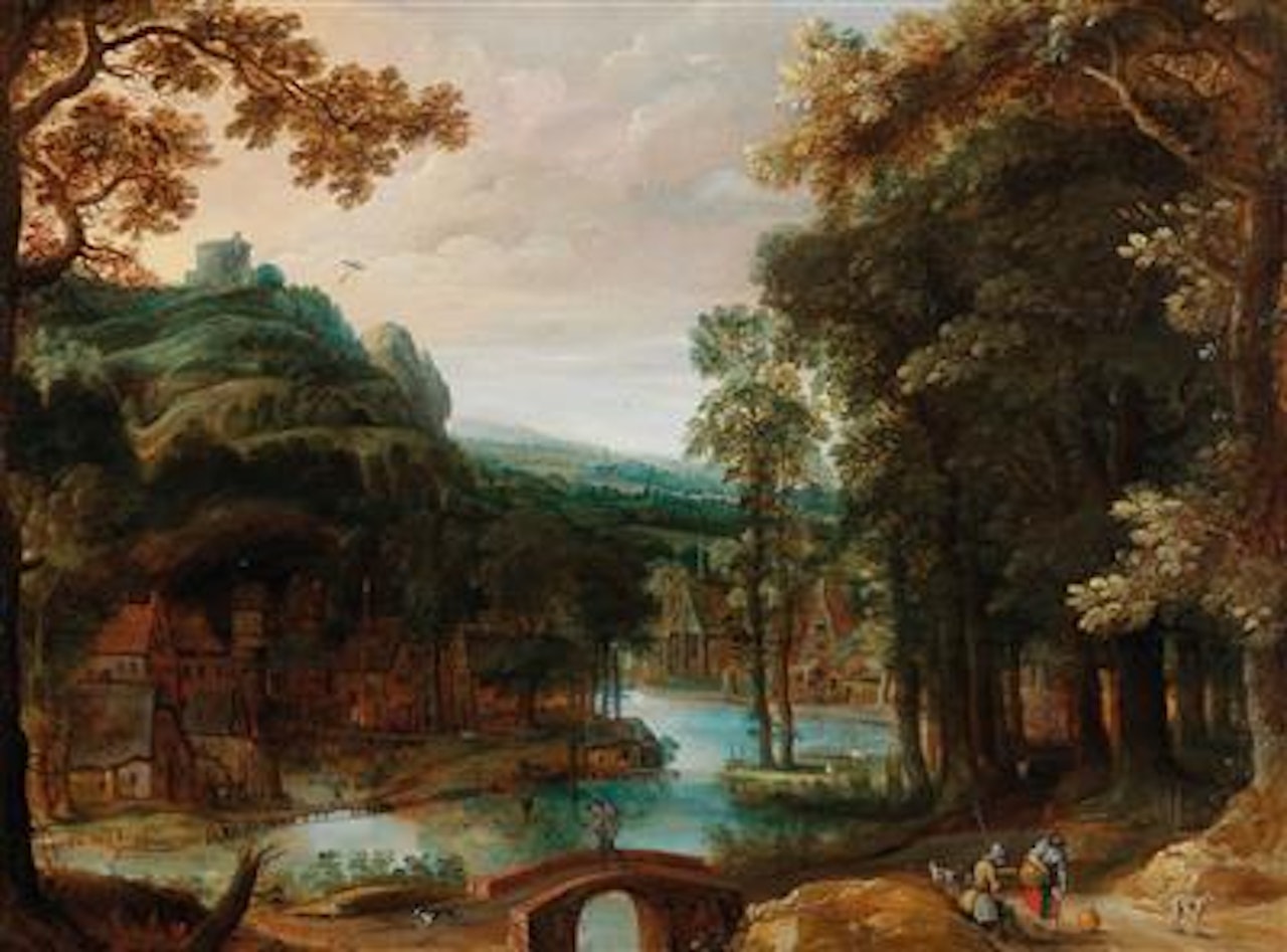 A wooded river landscape with a village and travellers by Adriaen van Stalbemt