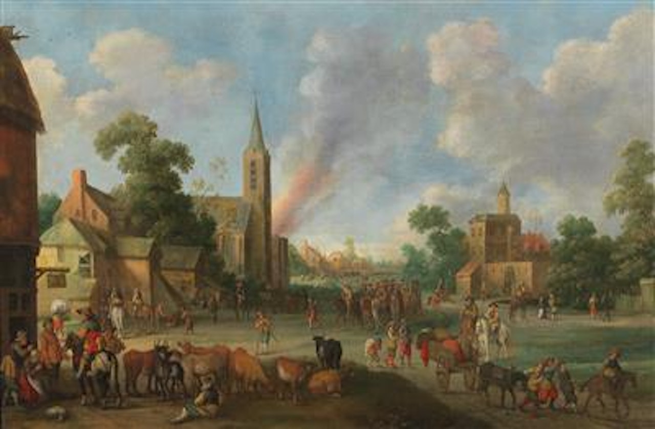 Soldiers on horseback entering a town by Joost Cornelisz Droochsloot