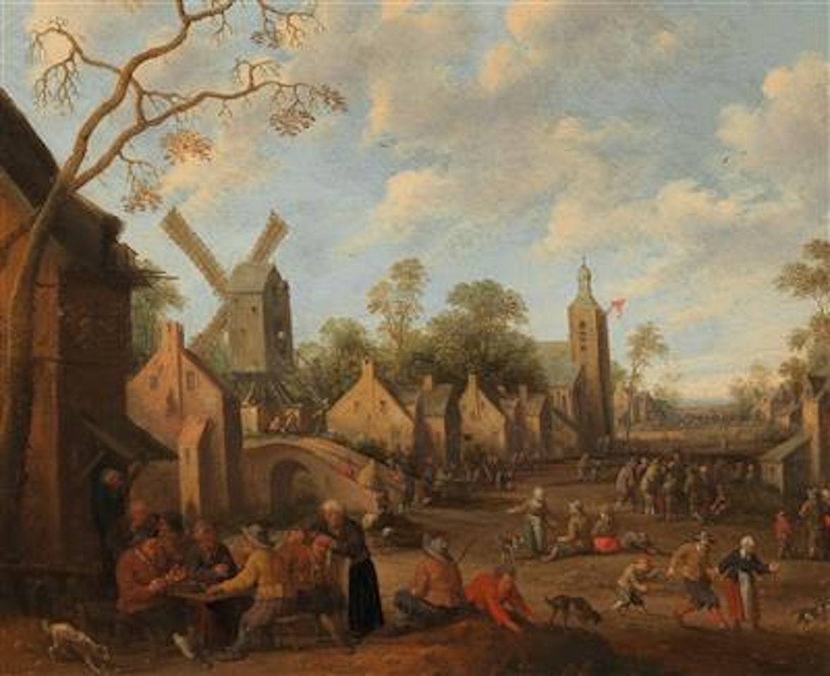 A busy village road with peasants outside an inn by Joost Cornelisz Droochsloot