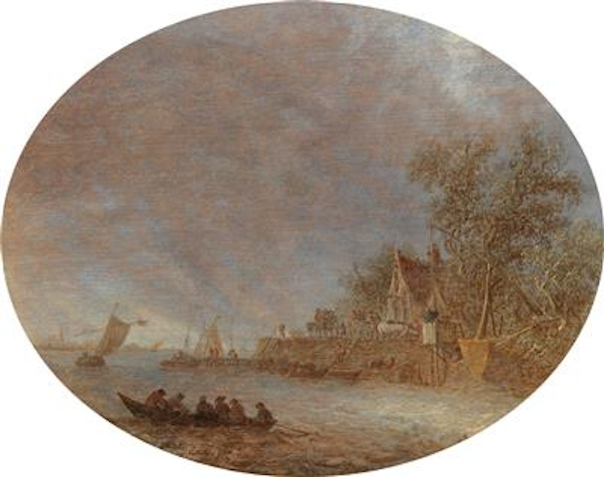 A river landscape with a tavern on the far bank and a rowing boat by Jan van Goyen
