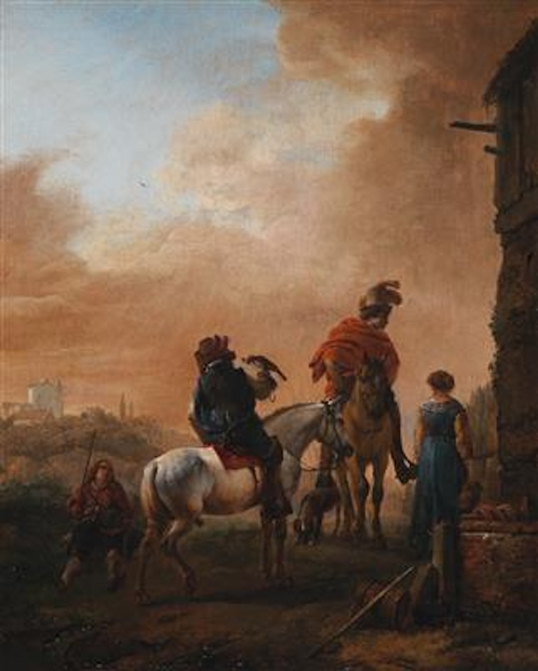 Two huntsmen on horseback by a well by Philips Wouwerman