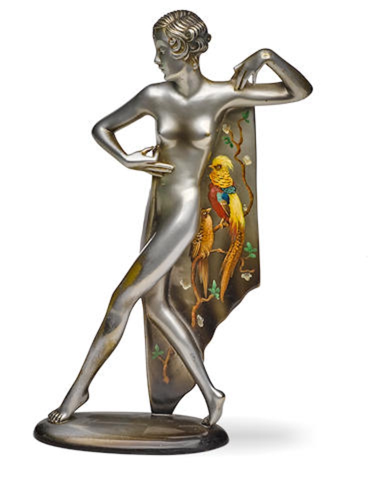 Figure of a nude with asiatic pheasant cape by Josef Lorenzl