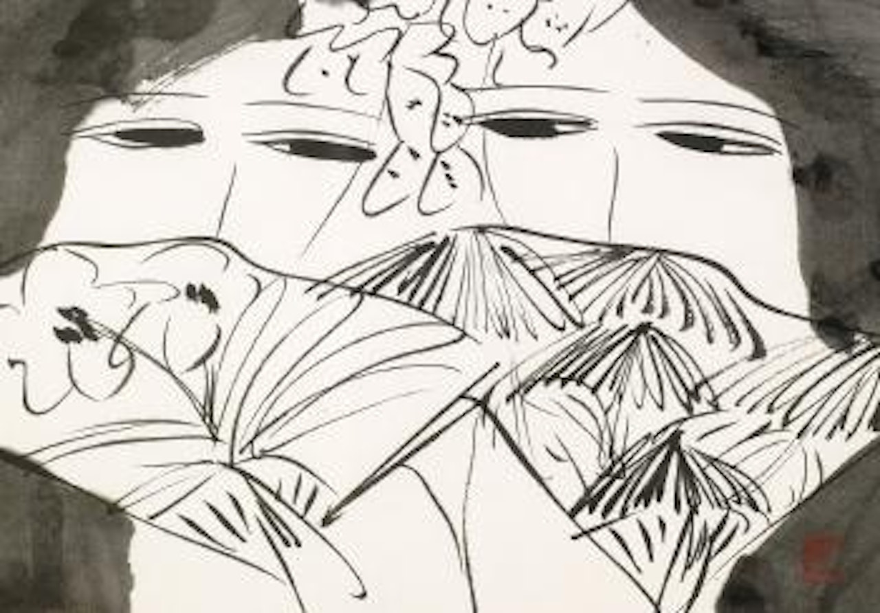 Two girls with flowers by Walasse Ting