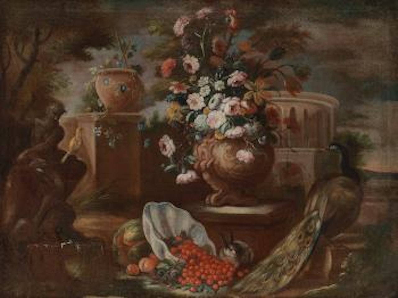 Grosses Blumen- und Früchtestillleben mit Singvogel und Pfau by Gasparo Lopez
