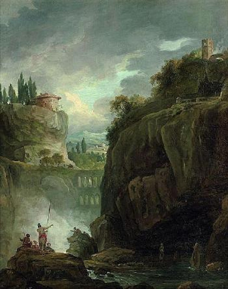 Paysage rocheux au pont et à la cascade animé de personnages by Hubert Robert