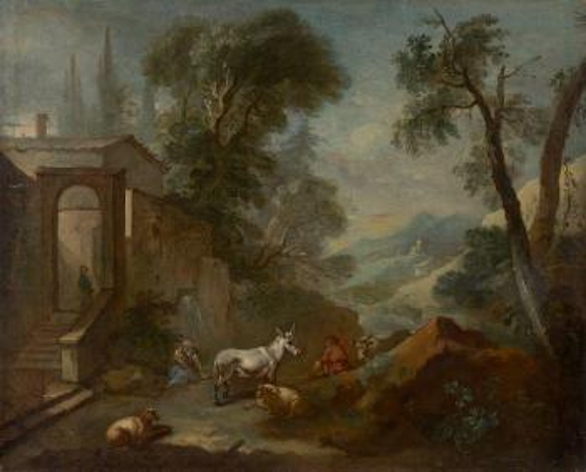 Paysage fluvial animé de personnages by Charles-Joseph Natoire