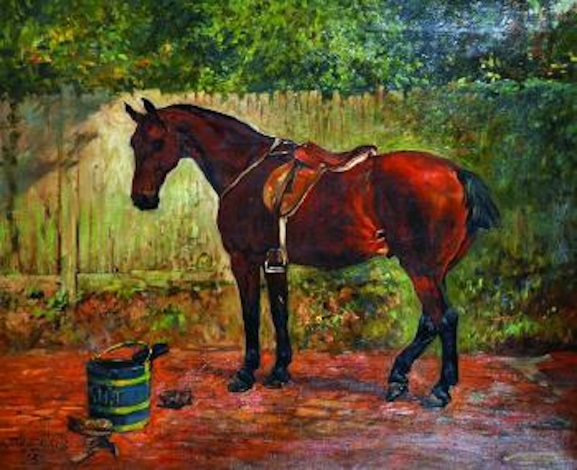 Waiting for the groom, a saddled horse by John Emms