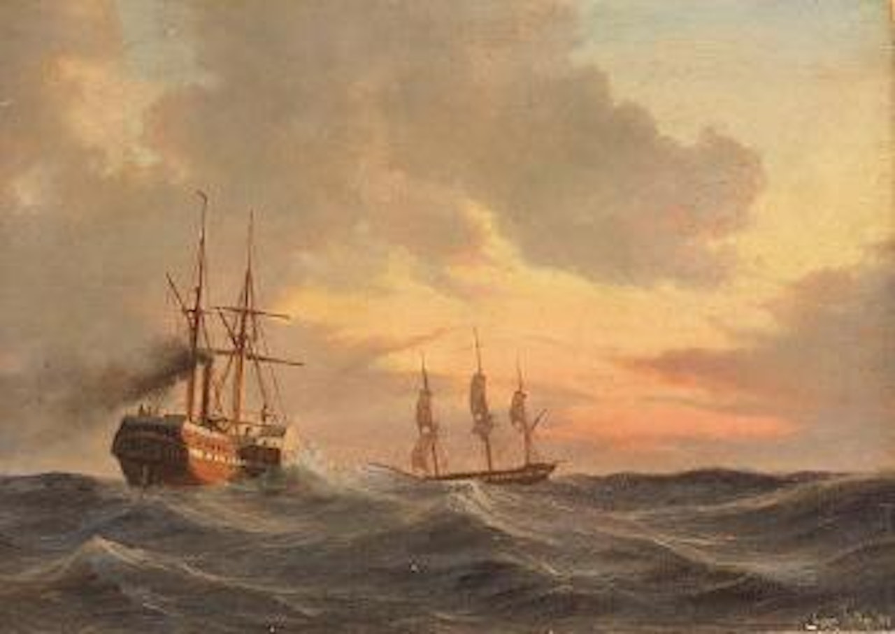 Dampfsegler und Dreimaster auf bewegter See by Anton Melbye