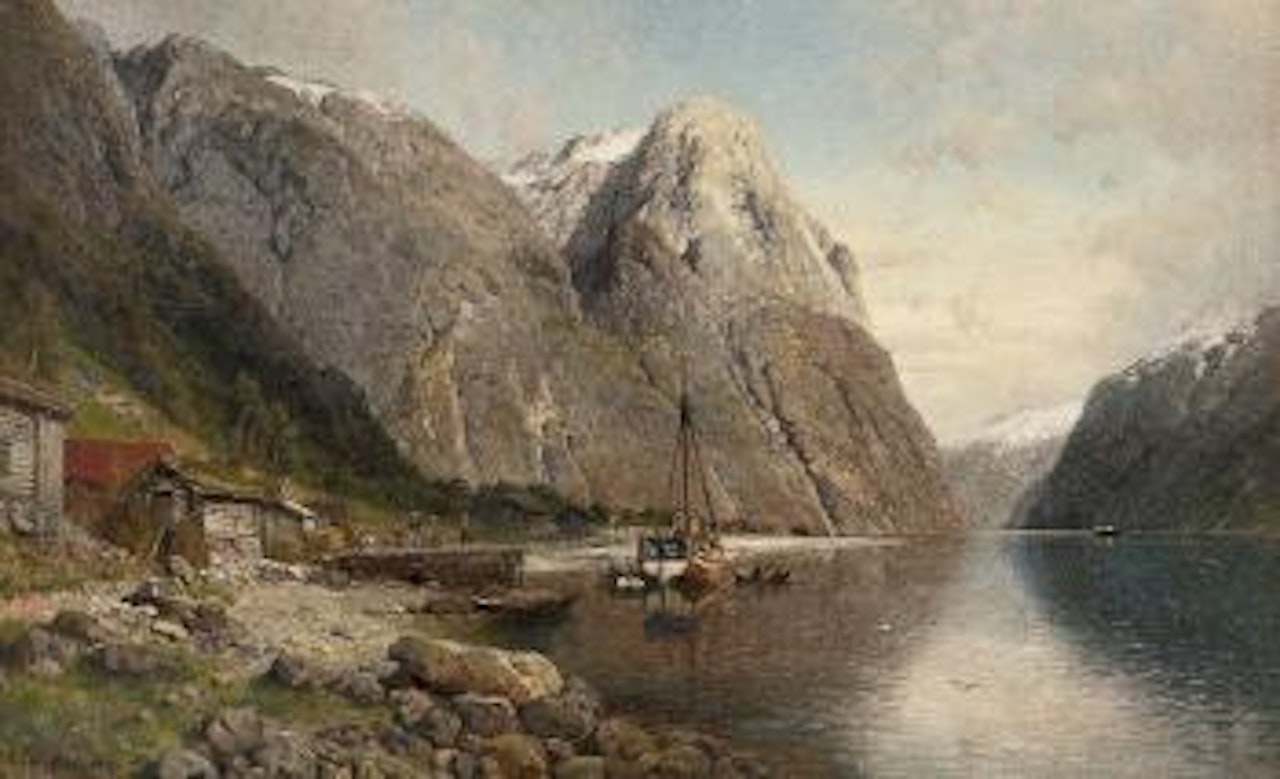 Fjordlandskap med folkeliv, dampbåten kommer by Anders Monsen Askevold