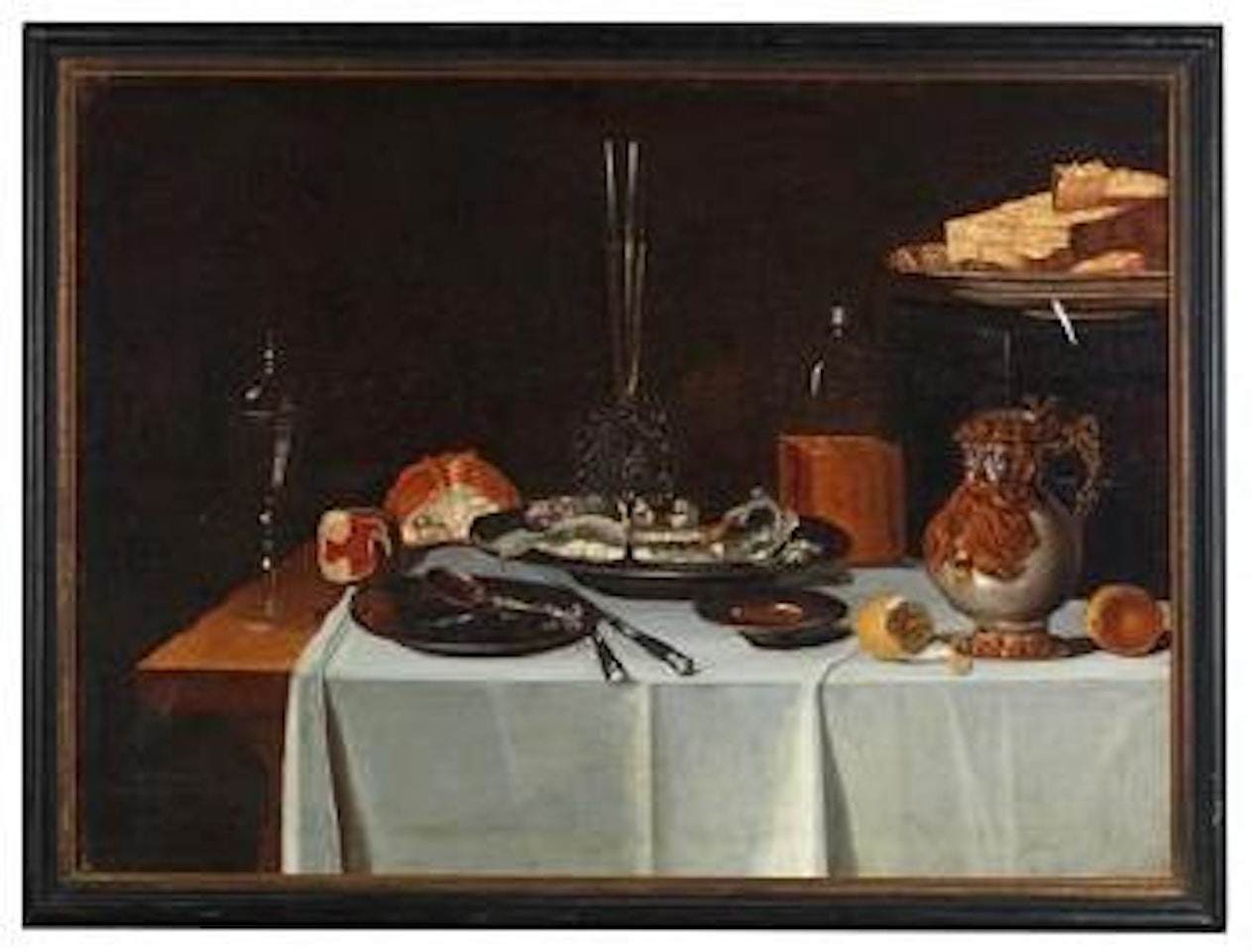 Banketje mit Hering, Prunkgefässen, Gläsern und Brot by German School
