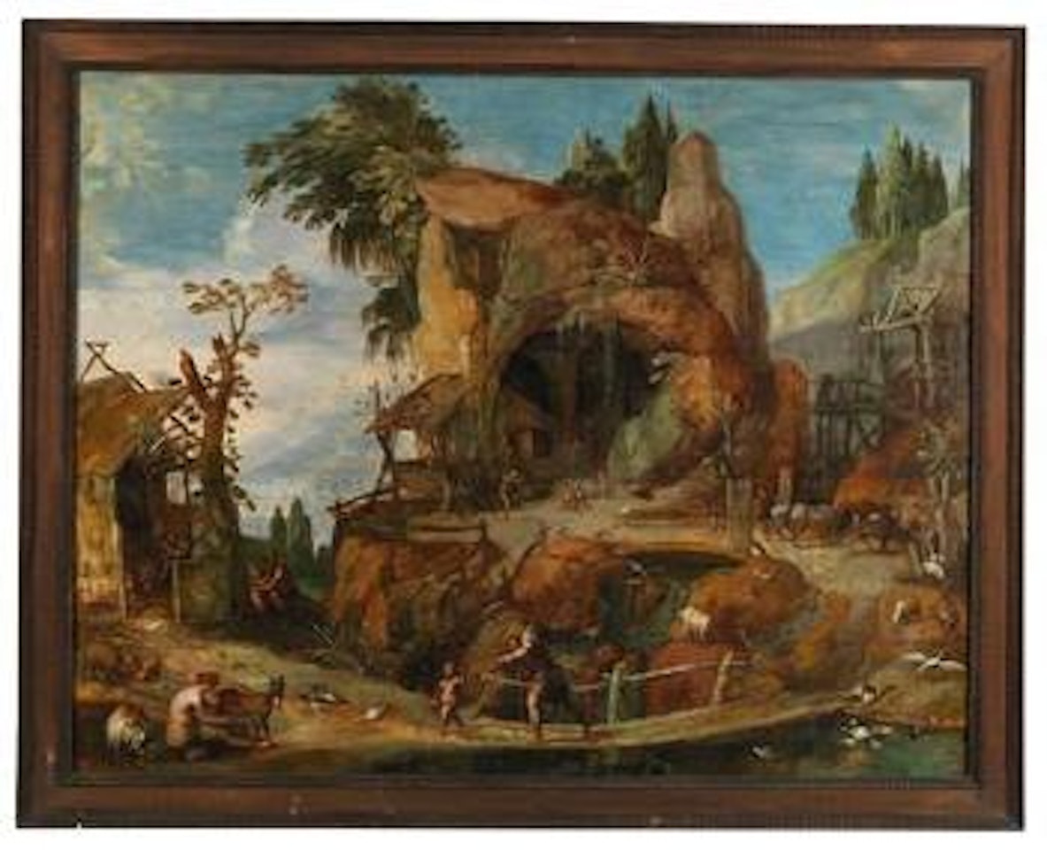 Phantastische Landschaft mit einem bäuerlichen Gehöft by Dutch School
