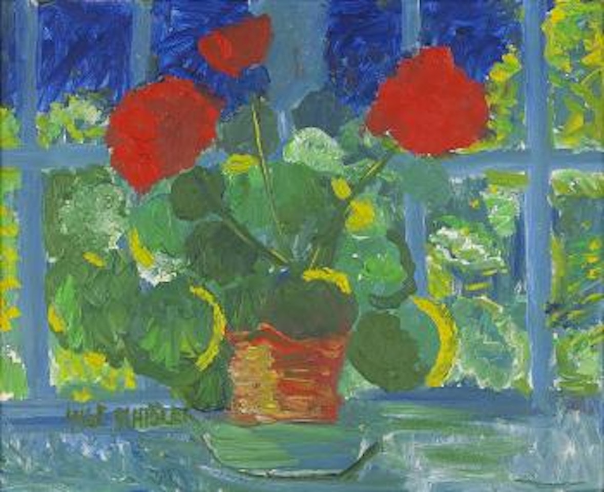 Fönsterutsikt med pelargon by Inge Schiöler