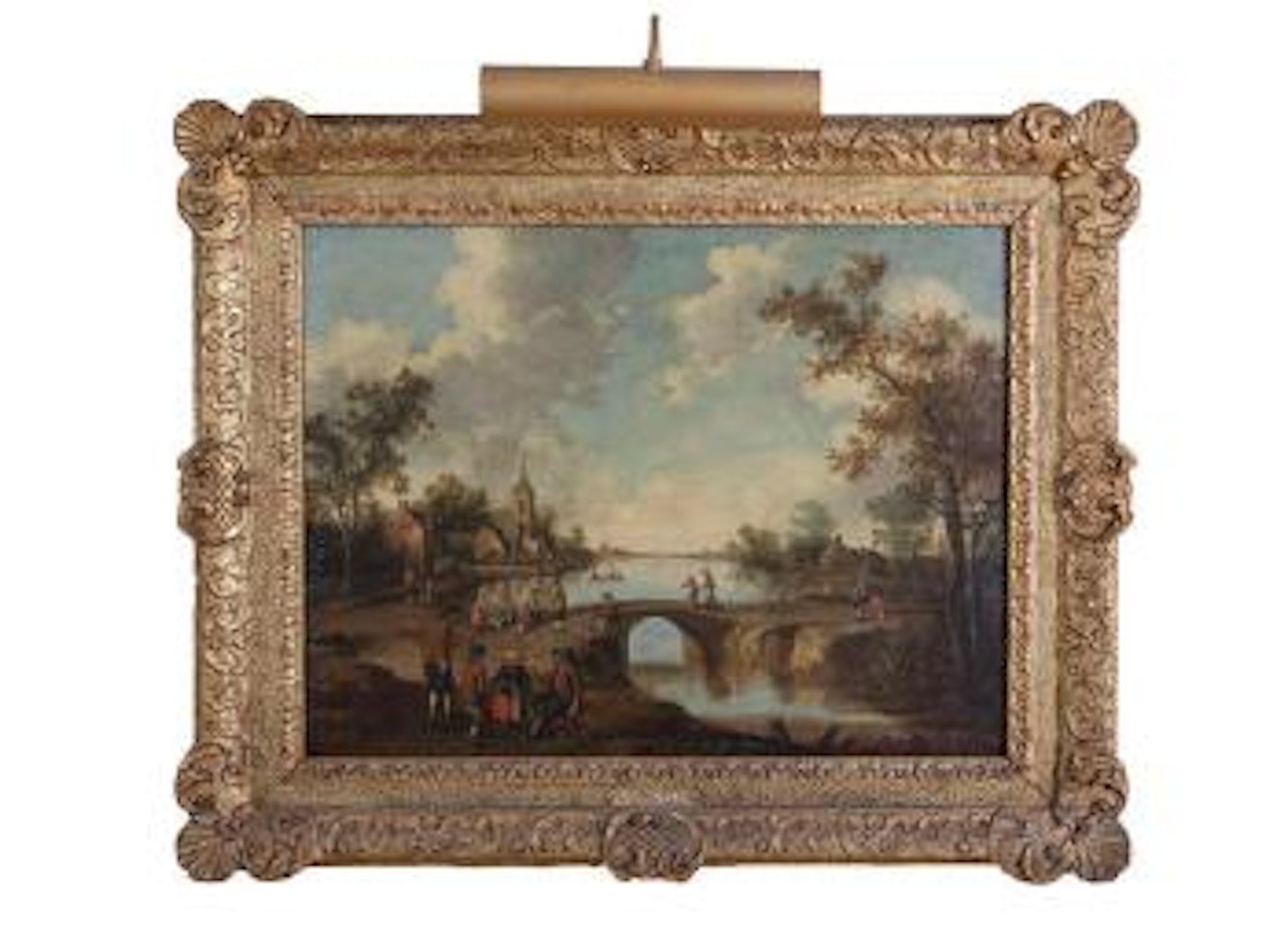 Figures on a bridge outside a village by Joost Cornelisz Droochsloot