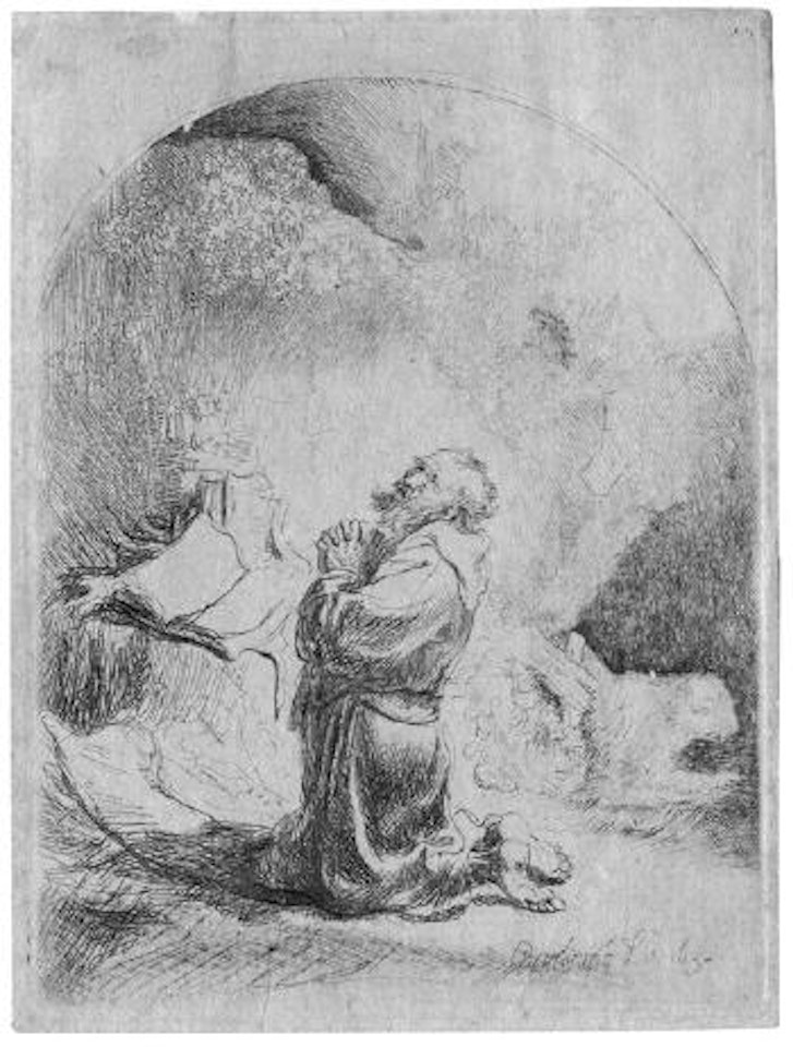 Der hl~ Hieronymus im Gebet, emporblickend; oben rund by Attributed to Rembrandt Harmensz van Rijn