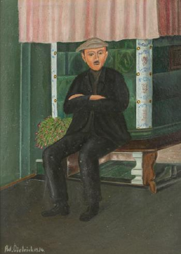 Selbtbildnis, auf Kachelofen sitzend by Adolf Dietrich