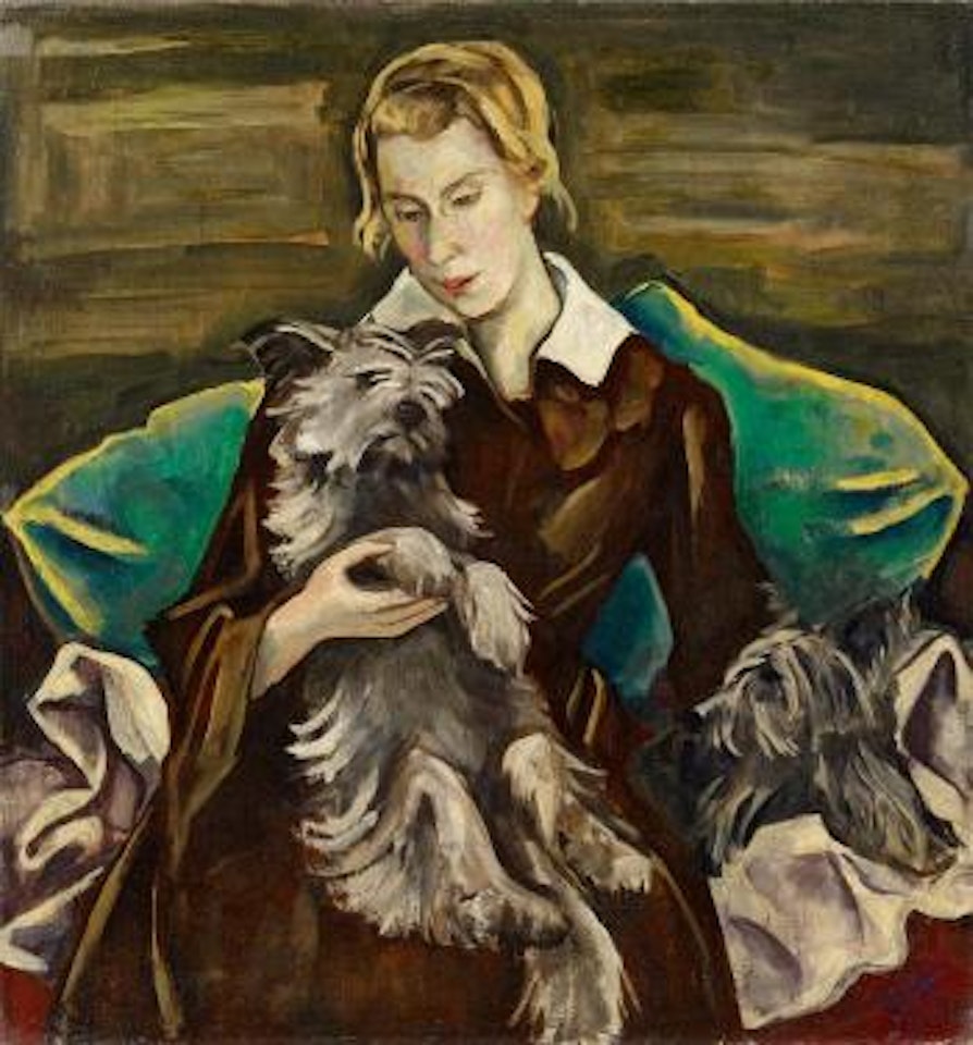 Portrait of Felicitas Haller with her Skye terriers Romulus and Remus by Karl Hofer