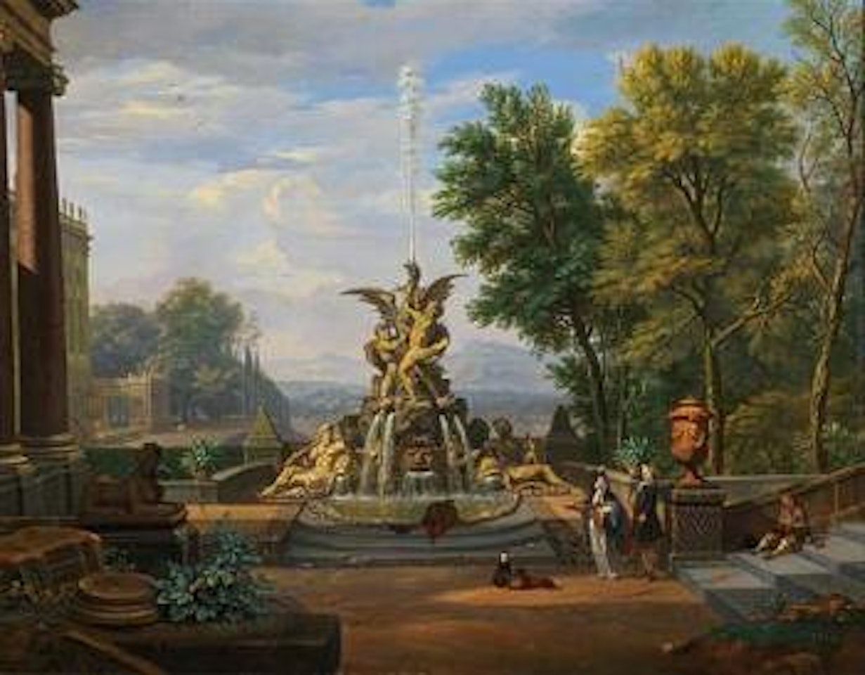 An Italianate terrace of a park, a palace to the left with elegant figures conversing by a fountain by Isaac de Moucheron