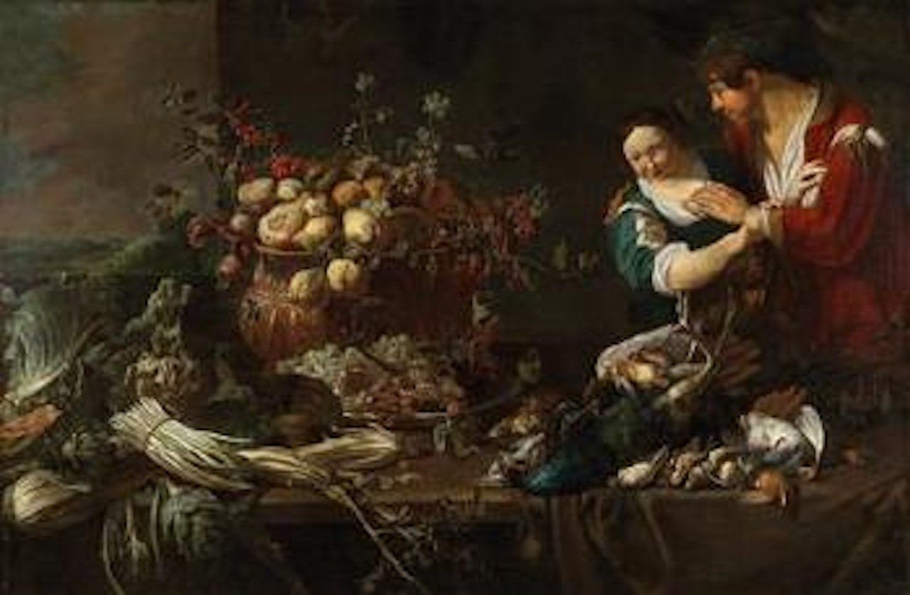 A still life of fruit, vegetables and game, with a young man and woman by Adriaen van Utrecht