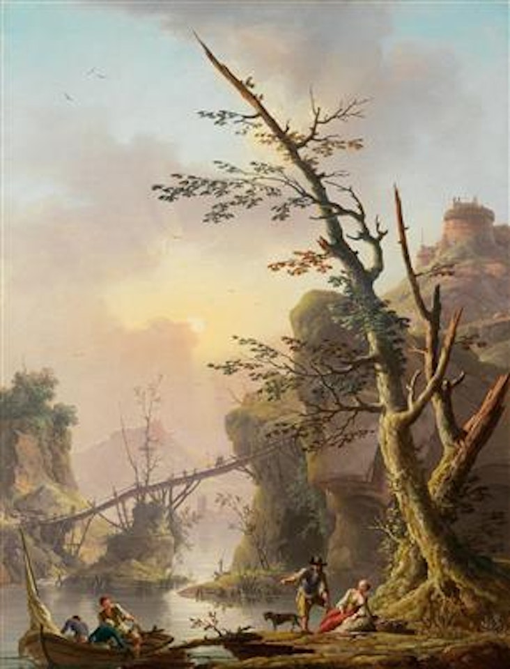 A river landscape with fishermen hauling their nets, a man and woman resting on a bank holding fishing-rods beside a basket of fish, a rocky landscape and footbridge beyond by Charles François Grenier de Lacroix de Marseille