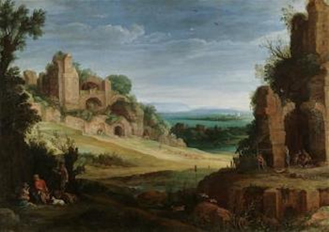 A rocky landscape with a hunting party near roman ruins by Paul Bril