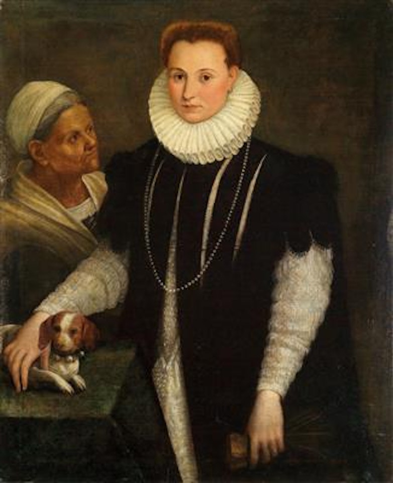 Portrait of a noblewoman with a servant and small dog by Lavinia Fontana