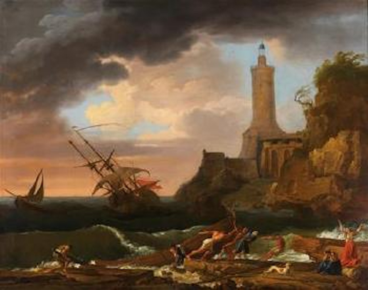 A rocky coast with a lighthouse and a shipwreck by Claude Joseph Vernet