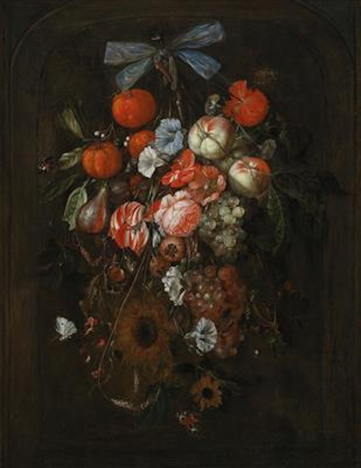 A still life of fruit and flowers hanging from a ribbon by Dutch School