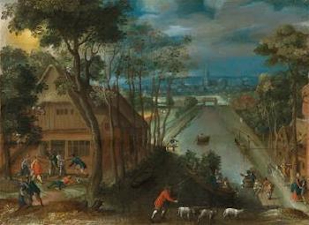 An extensive village landscape with a canal by Anton Mirou