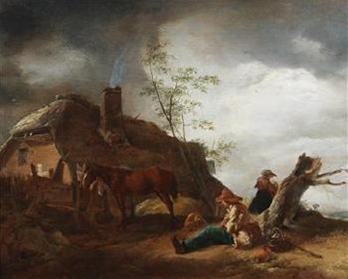 A peasant resting near a farmhouse by Philips Wouwerman