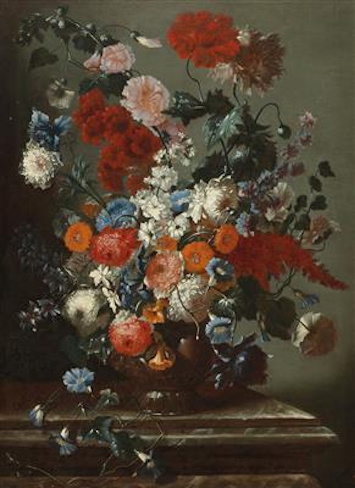 Mixed flowers in a vase on a ledge; and Mixed flowers in a vase on a ledge by Roman School