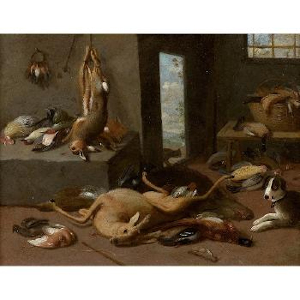 Trophée de chasse au chien dans un garde-manger by Jan Van Kessel The Elder