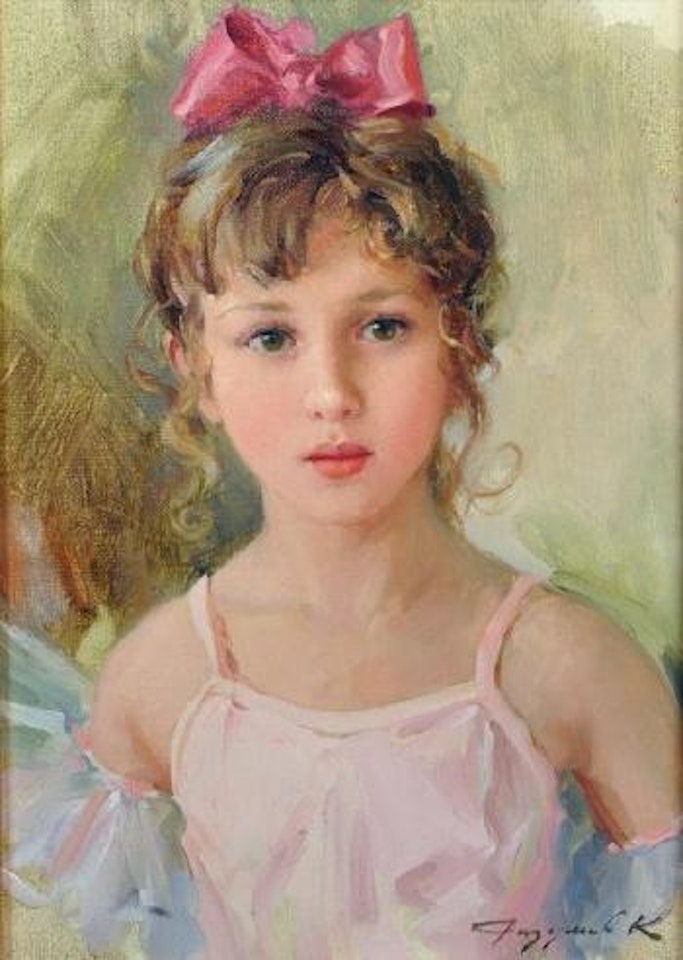 A young girl in a pink top, and a pink bow in her hair by Constantin Razoumov